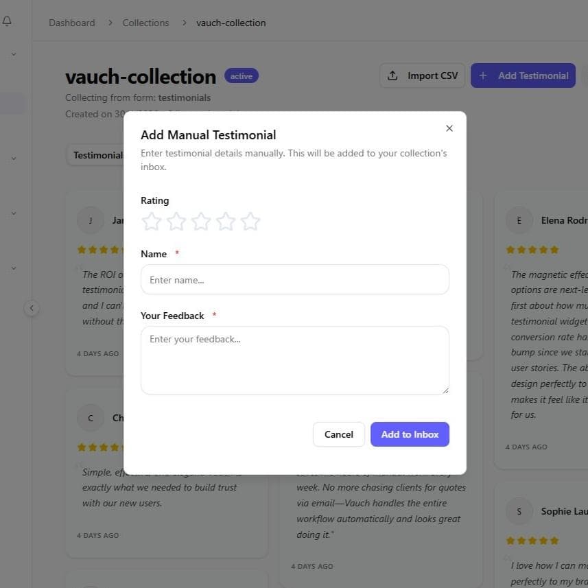 Manual testimonial entry form interface