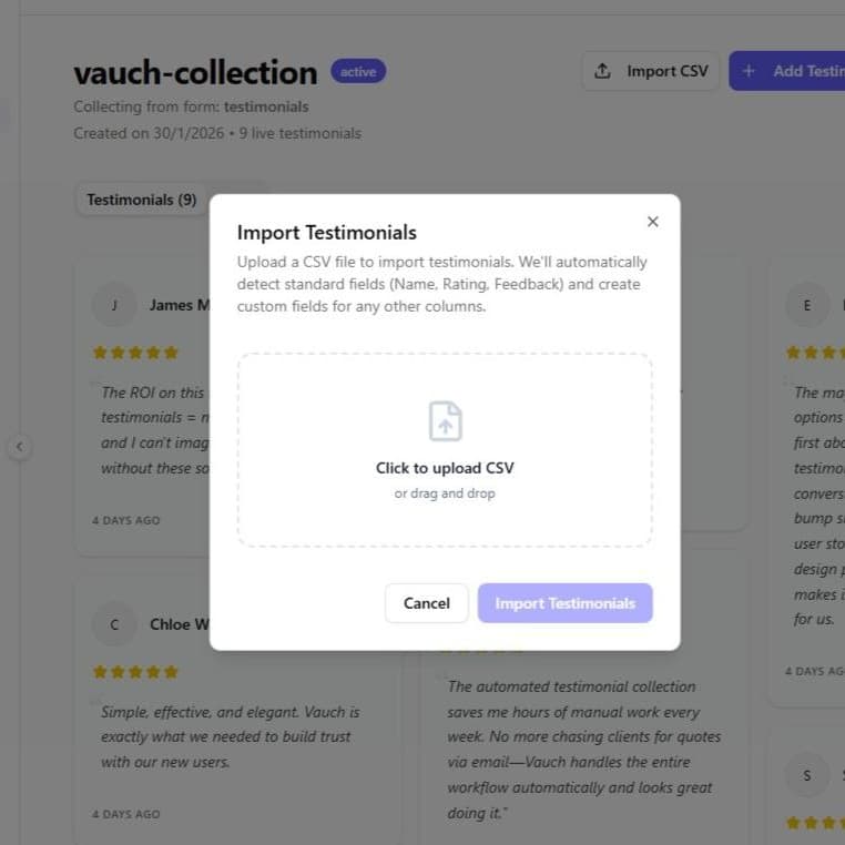CSV import interface for bulk testimonial upload
