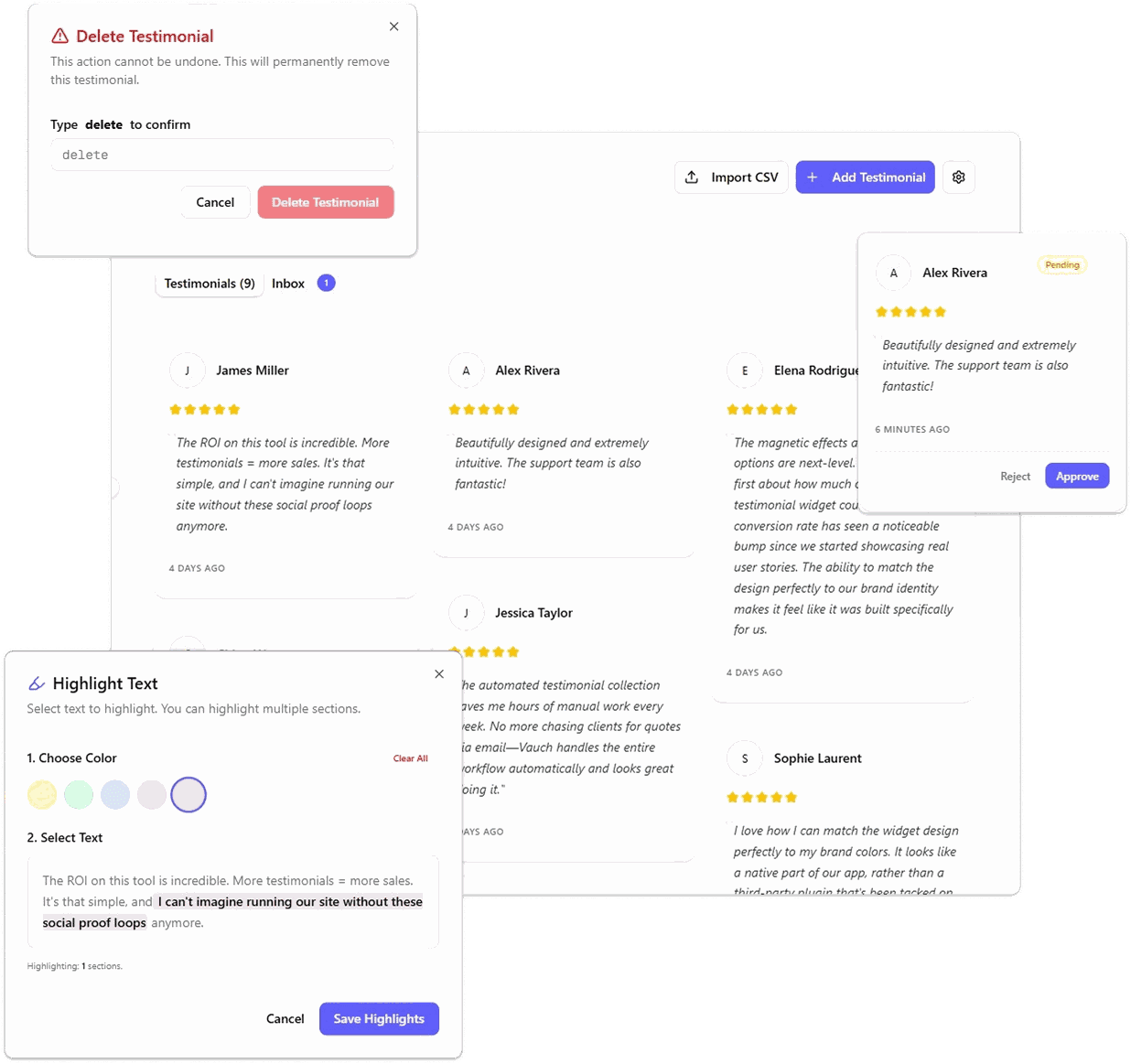 Testimonial moderation and control interface