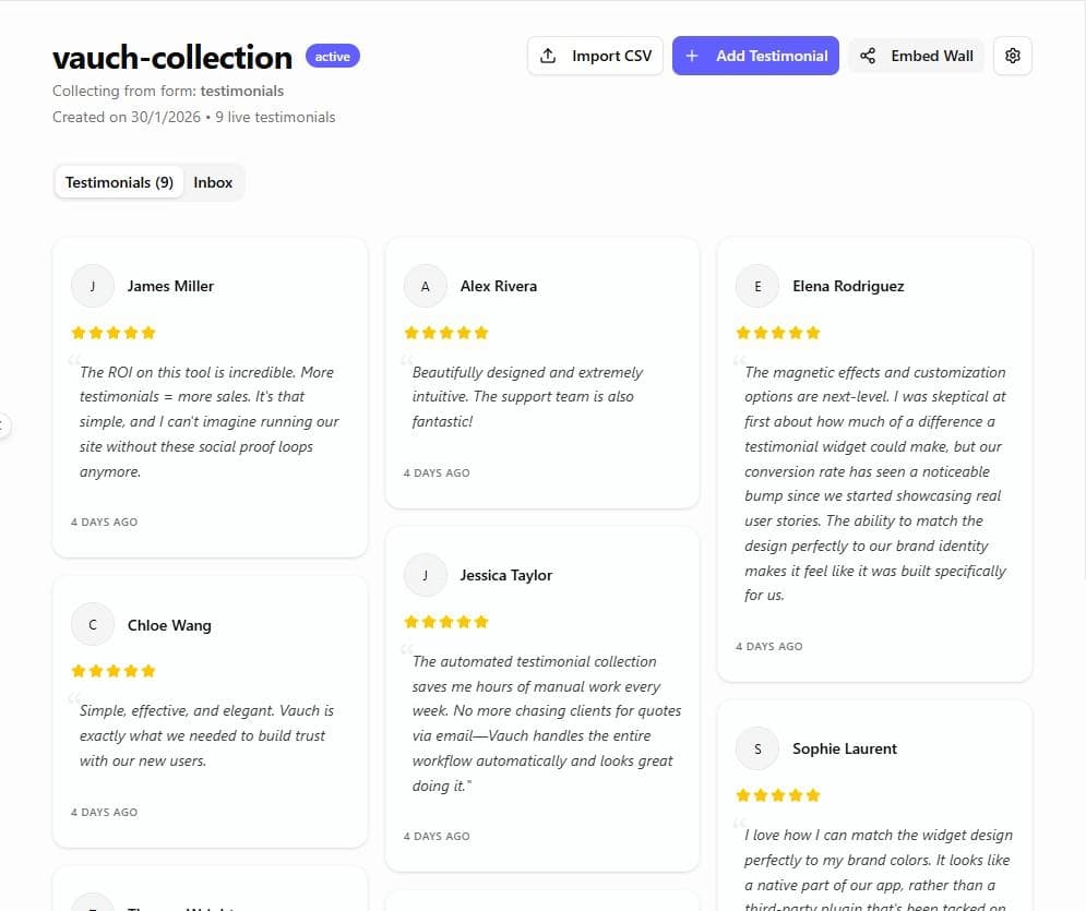 Centralized testimonial management dashboard